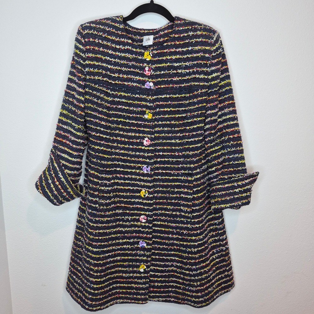 Cabi Headline Topper Navy Tweed Coat Floral Liner & Buttons Retro Glam Size 8‎